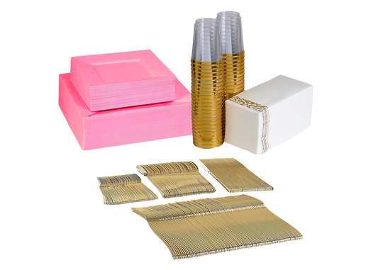 430-piece pink dinnerware set for 40 guests. Includes: 80 Pink square plastic plates, 250 gold plastic silverware utensils, 40 napkins & 40 cups