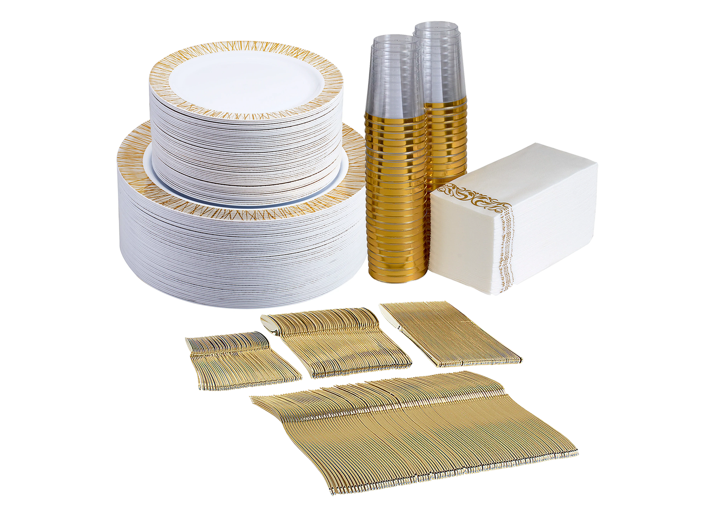 450 -Piece gold dinnerware set for 50 guests Includes: 100 gold design plastic plates, 250 gold plastic silverware utensils, 50 napkins & 50 cups