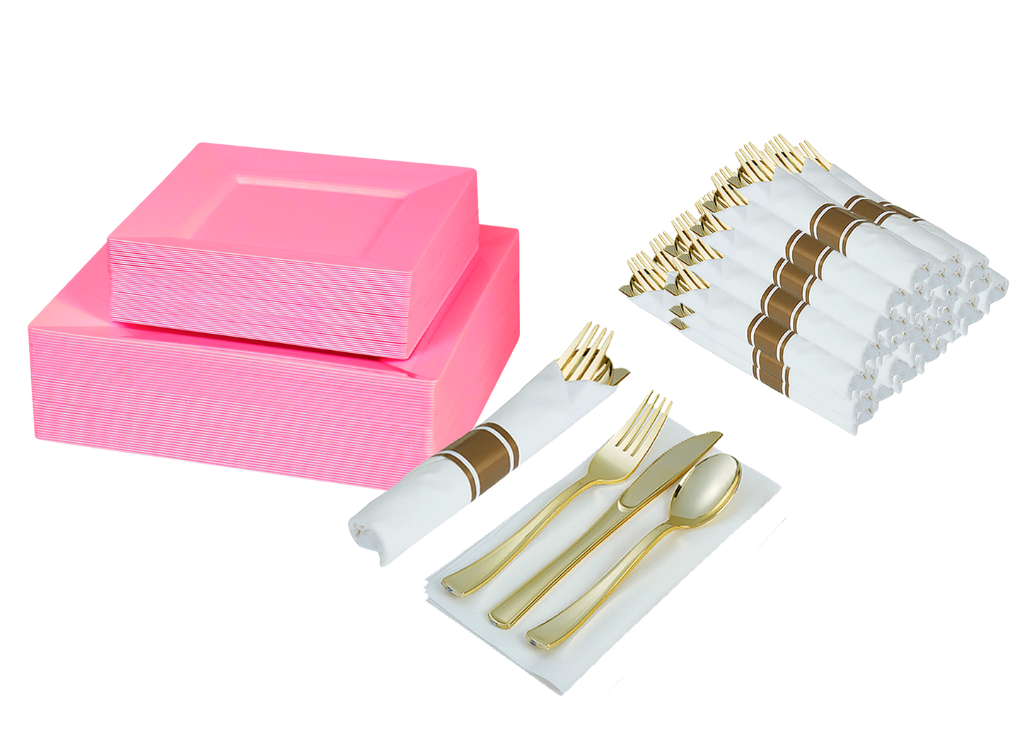 Disposable dinnerware set for 40 guests 280 pieces Includes: 40 pink square plastic dinner plates, 40 salad plates, 50 pre-rolled linen feel napkins with gold spoons, forks & knives wrapped inside.