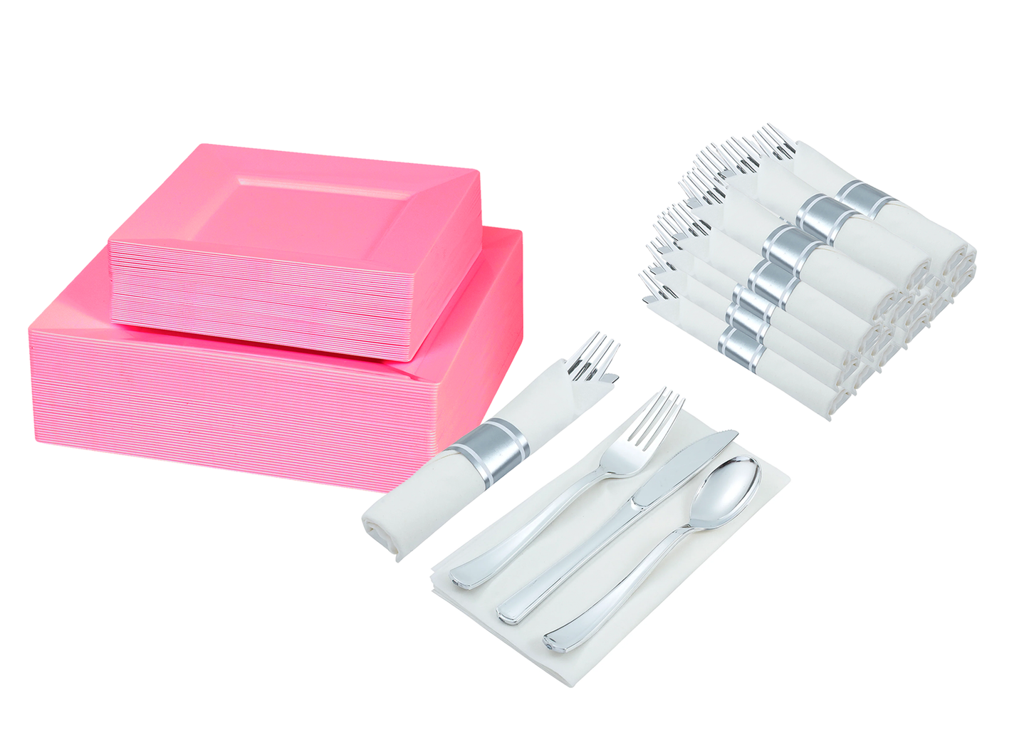 Disposable dinnerware set for 40 guests 280 pieces Includes: : 40 pink square plastic dinner plates, 40 salad plates, 50 pre-rolled linen feel napkins with silver spoons, forks & knives wrapped inside.