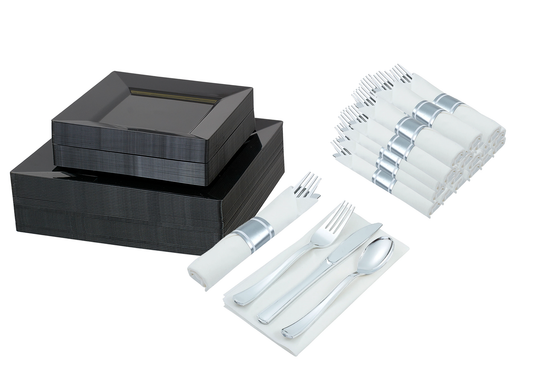 Disposable dinnerware set for 40 guests 280 pieces Includes: 40 black square plastic dinner plates, 40 salad plates, 50 pre-rolled linen feel napkins with silver spoons, forks & knives wrapped inside.