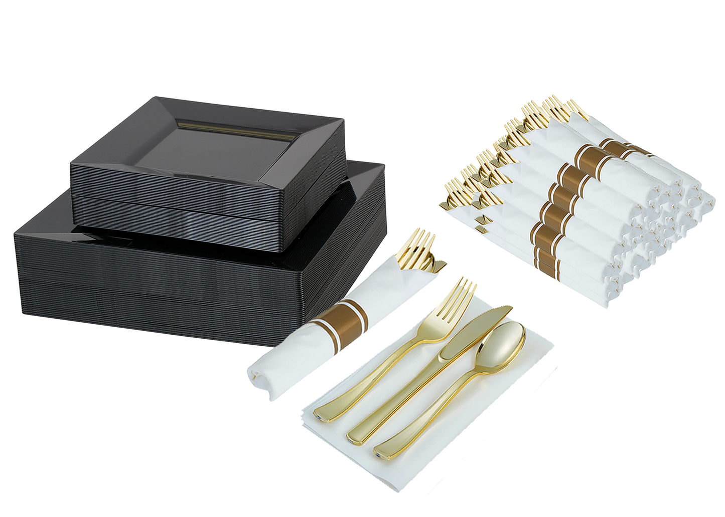 Disposable dinnerware set for 40 guests 280 pieces Includes: 40 black square plastic dinner plates, 40 salad plates, 50 pre-rolled linen feel napkins with gold spoons, forks & knives wrapped inside.
