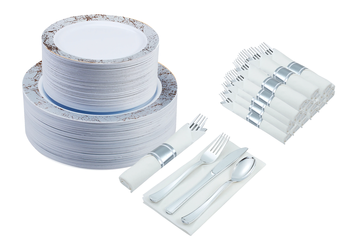 300-piece Silver Dinnerware Set for 50 guests Includes: 100 silver marble design plastic plates & 50 pre-wrapped silver-colored silverware sets