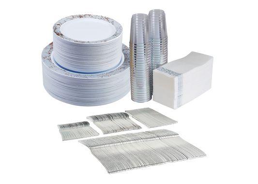 450 -Piece Silver dinnerware set for 50 guests Includes: 100 silver marble design plastic plates, 250 plastic silverware utensils, 50 napkins & 50 cups