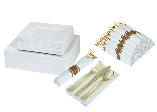 Disposable dinnerware set for 40 guests 280 pieces Includes: 40 white square plastic dinner plates, 40 salad plates, 50 pre-rolled linen feel napkins with gold spoons, forks & knives wrapped inside.