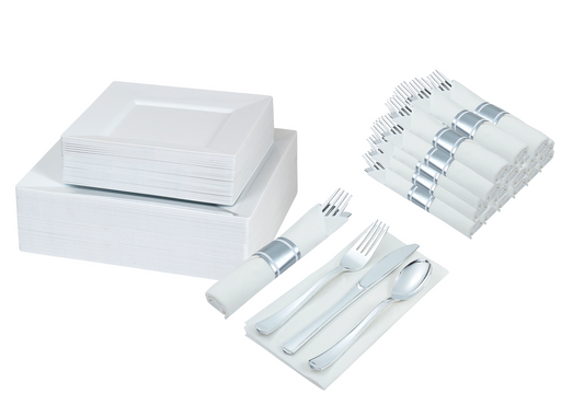 Disposable dinnerware set for 40 guests 280 pieces Includes: 40 white square plastic dinner plates, 40 salad plates, 50 pre-rolled linen feel napkins with silver spoons, forks & knives wrapped inside.