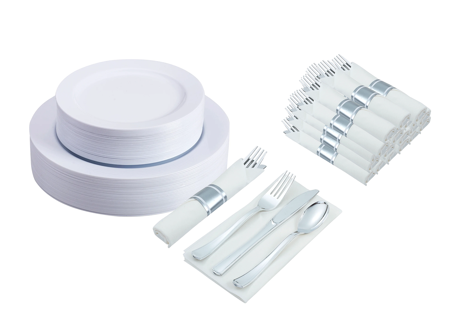 260 -Piece white dinnerware set for 30 guests Includes: 60 white design plastic plates, 250 silver colored  silverware utensils, 50 napkins & 50 cups