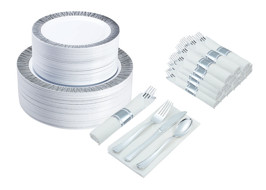 300-piece Silver Dinnerware Set for 50 guests Includes: 100 silver design plastic plates & 50 pre-wrapped silver-colored silverware sets