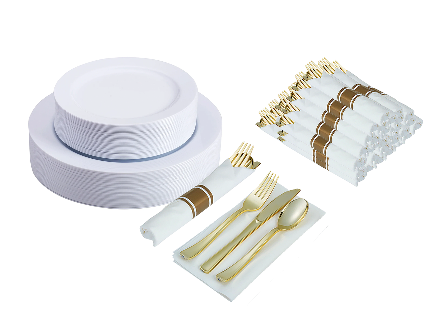 260 -Piece white dinnerware set for 30 guests Includes: 60 white design plastic plates, 250 plastic gold silverware utensils, 50 napkins & 50 cups