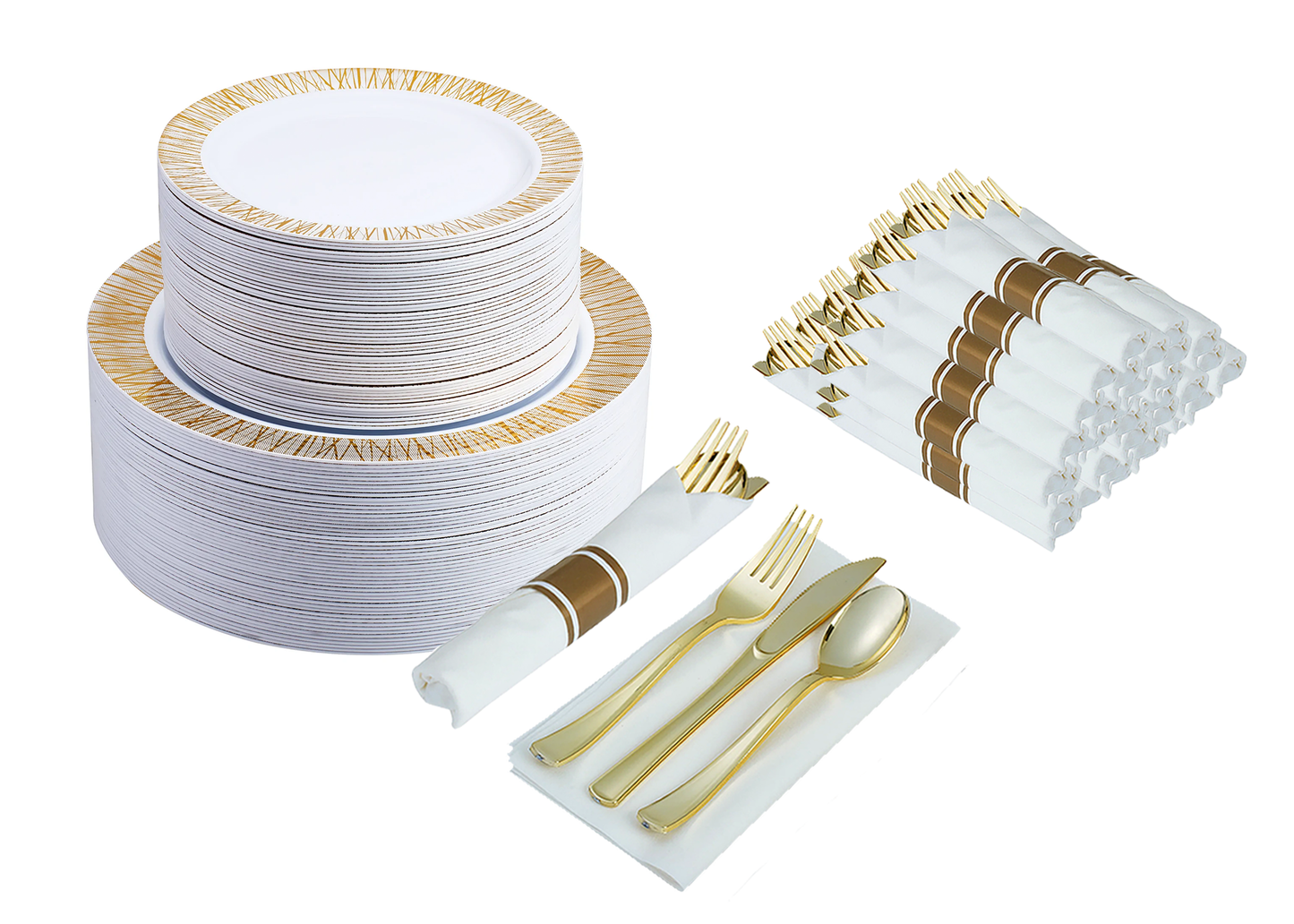 300-piece Gold Dinnerware Set for 50 guests Includes: 100 gold design plastic plates & 50 pre-wrapped gold silverware sets