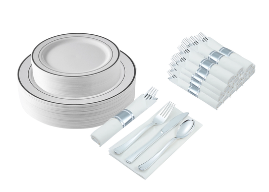 300-piece Silver Dinnerware Set for 50 guests Includes: 100 silver rim plastic plates & 50 pre-wrapped silver-colored silverware sets