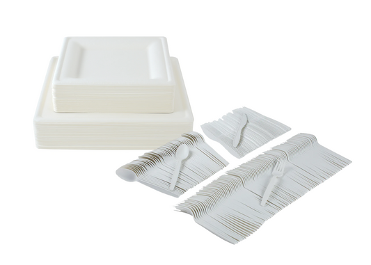300-piece Compostable eco-friendly dinnerware set for 50 guests. Includes: 100 white square plates & 200 utensils