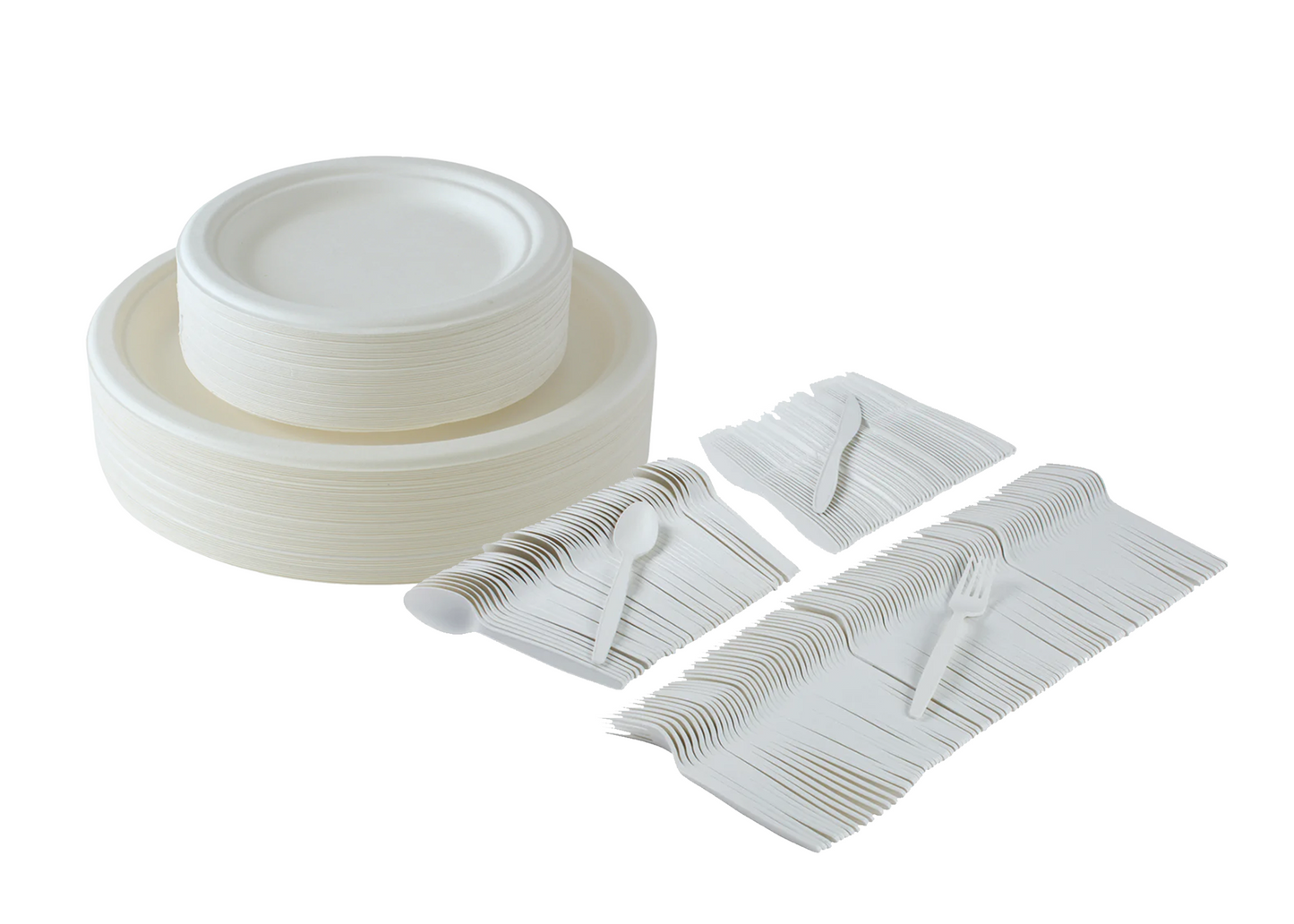 300-piece Compostable eco-friendly dinnerware set for 50 guests. Includes: 100 white round plates & 200 utensils