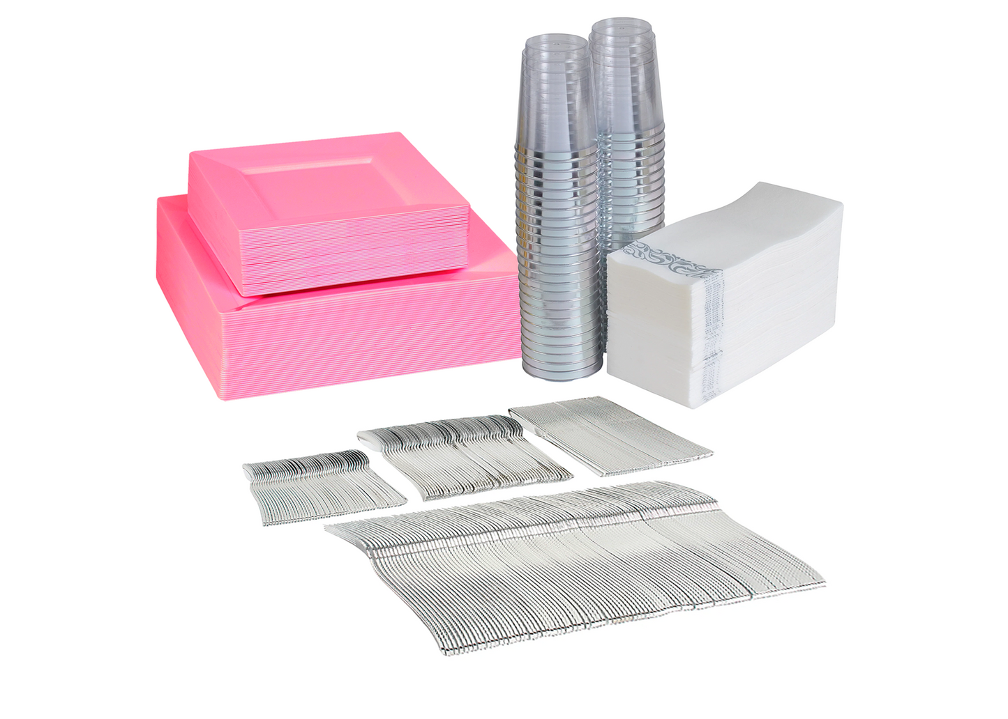 430-piece pink dinnerware set for 40 guests. Includes: 80 Pink square plastic plates, 250 silver-colored plastic silverware, 40 napkins & 40 cups