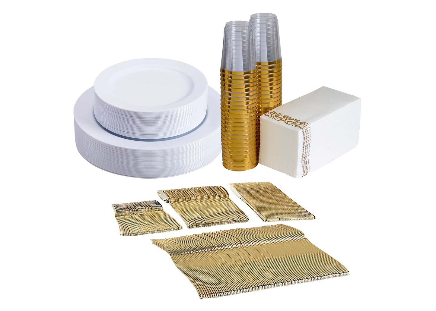 340 -Piece white dinnerware set for 30 guests Includes: 60 white design plastic plates, 250 gold plastic silverware utensils, 50 napkins & 50 cups