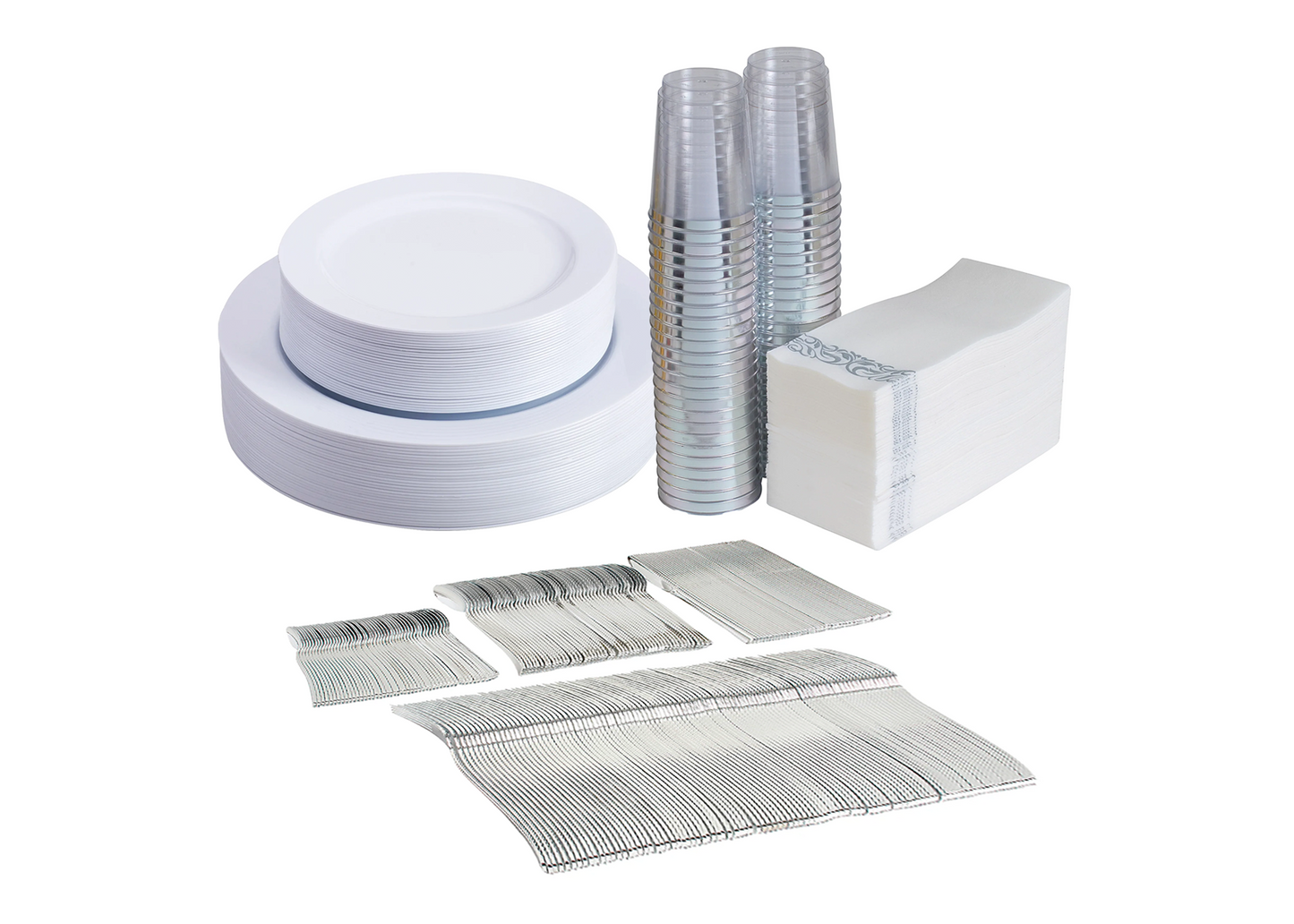 340 -Piece white dinnerware set for 30 guests Includes: 60 white design plastic plates, 250 Silver colored plastic silverware utensils, 50 napkins & 50 cups