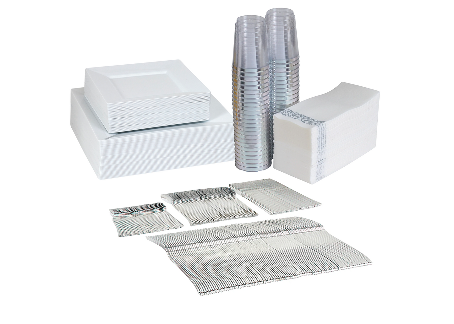 430-piece white dinnerware set for 40 guests. Includes: 80 white square plastic plates, 250 silver-colored plastic silverware, 40 napkins & 40 cups