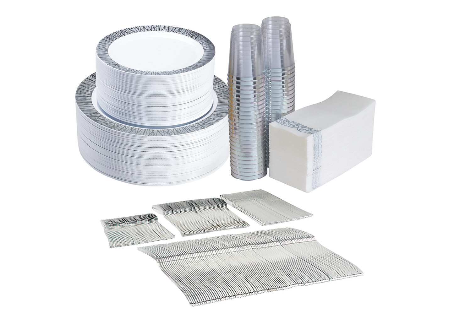 450 -Piece Silver dinnerware set for 50 guests Includes: 100 silver design plastic plates, 250 plastic silverware utensils, 50 napkins & 50 cups