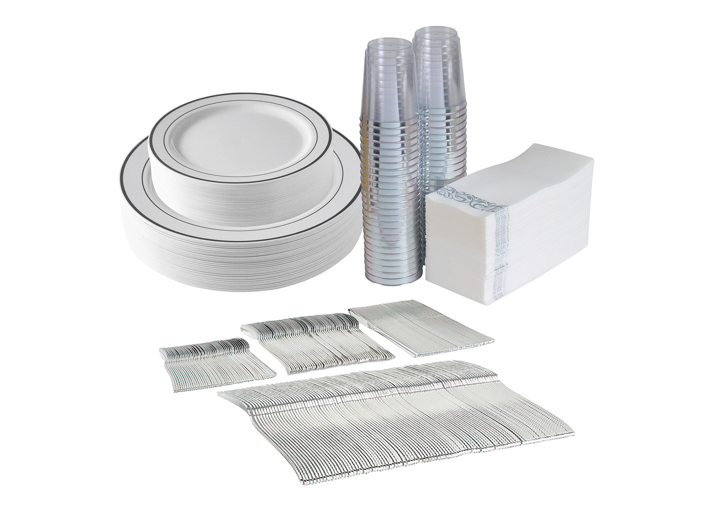 450-Piece Silver Dinnerware Set for 50 guests Includes: 100 silver rim plastic plates, 250 plastic silverware utensils, 50 napkins & 50 cups