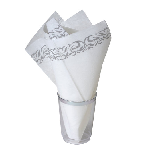 50 silver Border disposable dinner napkins and 50 silver rim disposable plastic 10 oz. cups